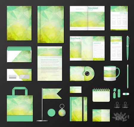 Business corporate identity template Set. Company triangular style. Pen, cd disc, cup, letter, flag, business cards, flash, envelope, book, notebookのイラスト素材