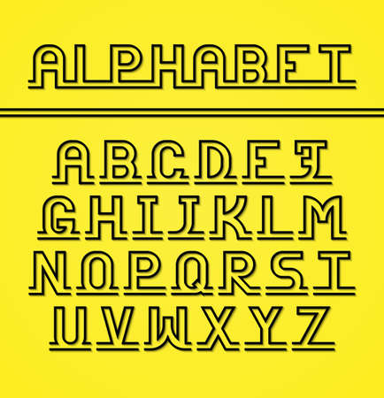 English alphabet. Capital letters of the alphabet in a trendy concept linear style. Black letters with a light shadow on a bright yellow backgroundのイラスト素材