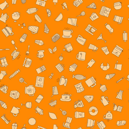 Seamless pattern of hand-drawn icons coffee, tea and sweets beige with a dark contour on the bright orange backgroundのイラスト素材