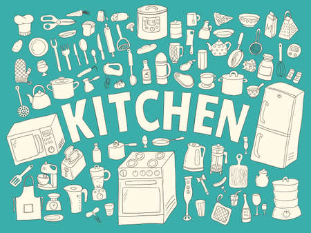 Set hand drawn icons kitchen. White with black outline isolated on blue icons and text Kitchenのイラスト素材