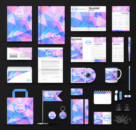 Corporate identity template set. Business stationery mock-up with  triangular background and logo. Branding design.のイラスト素材