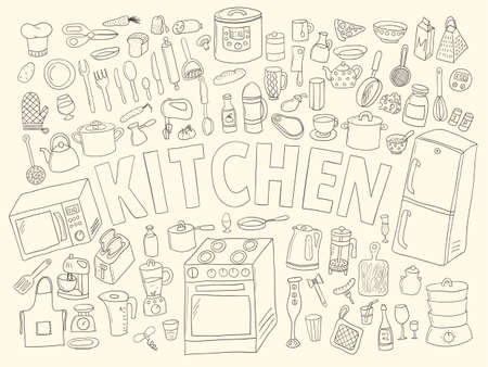 Set hand drawn icons kitchen. White with black contourのイラスト素材