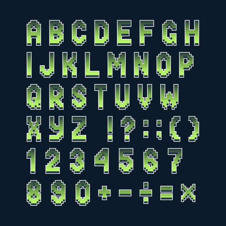 Pixel retro font computer games, videos, web sites. 8 bit letters, numbers and symbols.