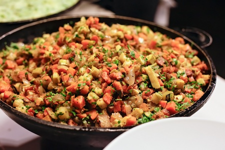 mix of stewed vegetables (carrots, onions, potatoes, greens, zucchini, eggplant)の写真素材