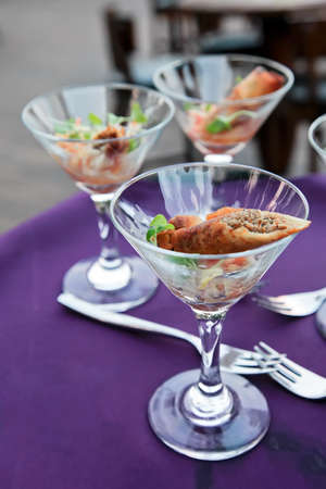 small snack in glass mugsの写真素材