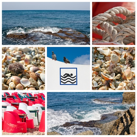 Marine collage of sea species, ropes, shells, signs and cafeの写真素材