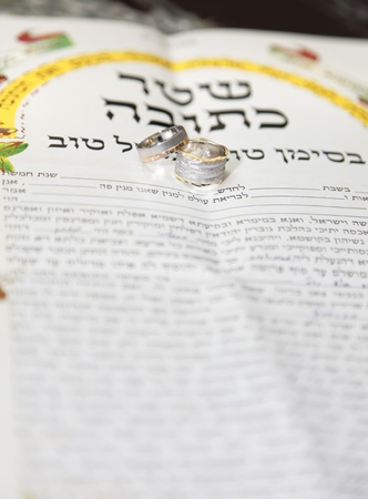 Traditional jewish wedding, signing prenuptial agreement  ketubah  Jewish marriage contract   のeditorial素材