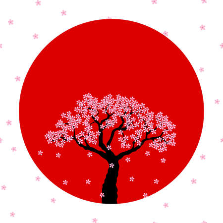 Vector image in a circle. Sakura and sun. Japan. T-shirt with print.のイラスト素材