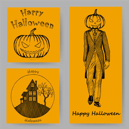 Halloween hand drawn invitation or greeting Cards set. Vector illustration.のイラスト素材