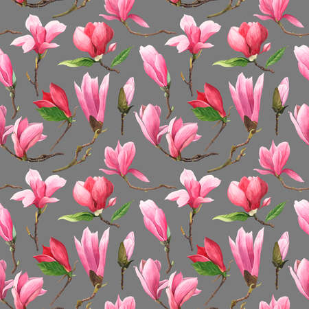 Seamless pattern with magnolia flowers. Watercolor illustration. Isolated elements on a gray background.の写真素材