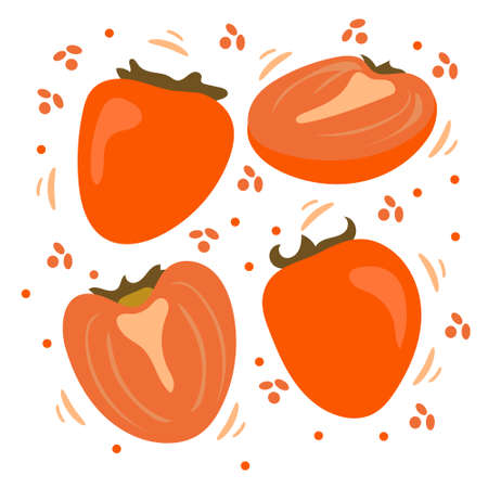 Cute persimmon set. Whole persimmon fruits and persimmon halves. vector illustration.のイラスト素材