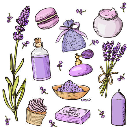 Lavender set. Food and cosmetics with lavender. vector illustration.のイラスト素材