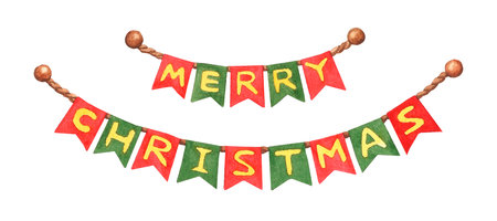 Christmas garlands. Red and green flags with inscription. Banner merry christmas isolated on white background. watercolor illustration.の写真素材