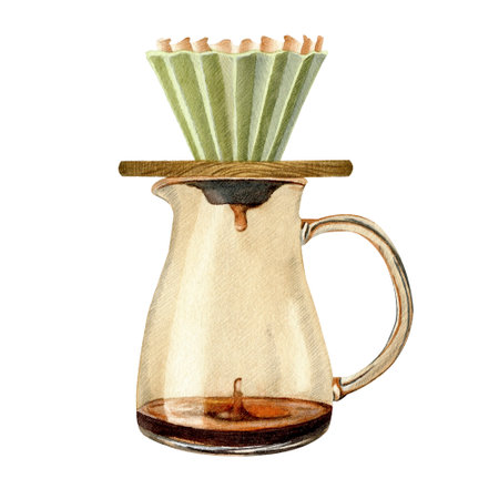 Watercolor illustration of pour over coffee brewing process. Funnel, paper filter, steam, glass pot. isolated object on white.の写真素材
