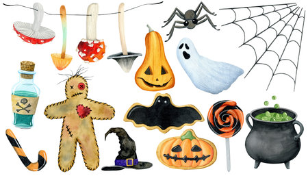 Halloween elements set. Watercolor illustration isolated on white background.の写真素材