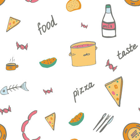 Seamless pattern about food. Milk, plate, sausages, pizza, cutlery, cup with a drink, candy, bread For decorating the cafeのイラスト素材