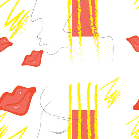 Abstract seamless pattern, beauty and fashion. Face, lips and strokes make up, fashionable background for the beauty industries.のイラスト素材