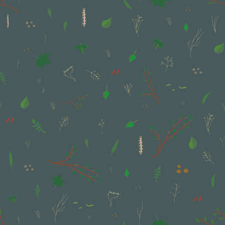 Seamless vector pattern on a dark background with small leaves and branches. Background for fabrics, floral illustration, herbal ornament.のイラスト素材