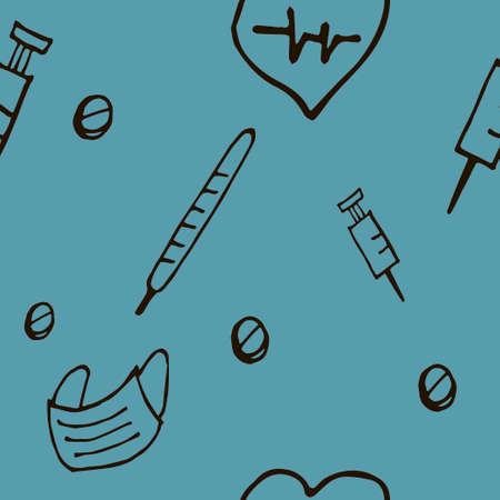 Medicine Symbols seamless vector pattern for medical clothing. Masks, coronavirus, doctor, medicine on a blue doodle background. Vector illustrationのイラスト素材