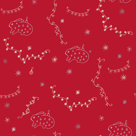 Seamless Christmas background with hares. Vector pattern with garlands, snow and hares. Background for wrapping paper and postcards.のイラスト素材