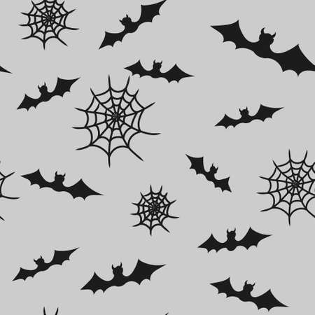 Seamless vector pattern for Halloween. A pattern with bats and cobwebs. Black Halloween symbols on a gray background. Background for clothing, websites, curtains, wallpaper in the style of horror.のイラスト素材