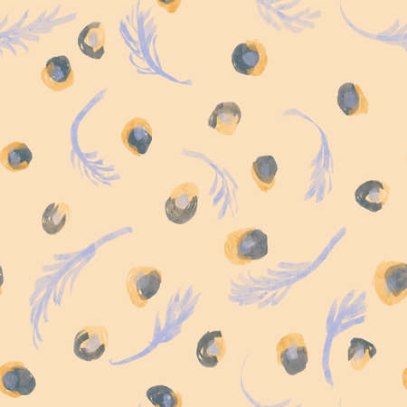 Seamless bitmap pattern with a watercolor pattern. Floral ornament with blue branches and pink berries.の写真素材