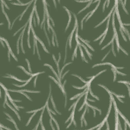 Beige grass pattern on an earthy green background, pattern for fabric, ornament for wallpaper, walls. Interior design and textiles. Natural natural shades. The seamless pattern is bitmap.の写真素材