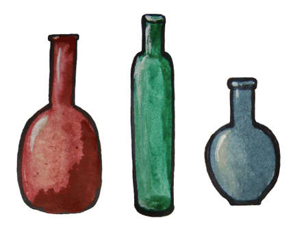 Watercolor drawing by hand, glass container. The bottles are green, blue bottle and burgundy glass bottle. Waste recycling, waste distribution. Colored glass containers. A bitmap image.の写真素材