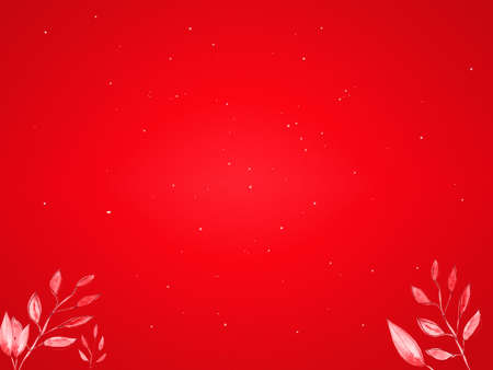 Red Christmas background with painted white leaves and falling snow. Empty stage for demo. Raster big image.の写真素材