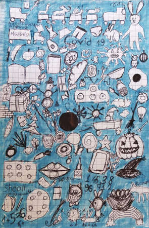 Various hand-drawn scribbles doodles, drawings of a schoolboy. A painted sheet in a cell. Nonsense, sketches on various topics.の写真素材