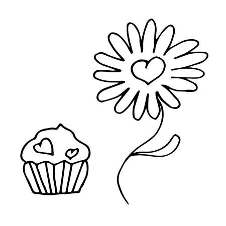 Vector drawing of cupcake and flower. Hearts on cake, love. A delicious gift for lovers. Chamomile with heart. valentine's dayのイラスト素材
