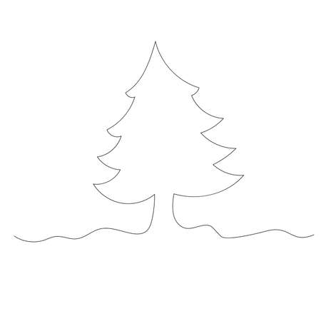 Christmas tree vector line. Continuous line drawing of a Christmas tree in the snow. A black line on a white background. New Year, holidays.のイラスト素材