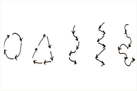 Black arrows on white background, drawn by hand doodle. Circular motion, triangle arrows, zigzag.のイラスト素材