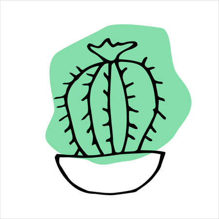 Flowering cactus in pot. Doodle illustration, house plant. Scrabble prickly plant.のイラスト素材