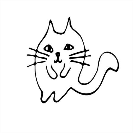 Doodle cat is a hand-drawn vector. Funny mustachioed cartoon kitten. Black scribbles on a white backgroundのイラスト素材