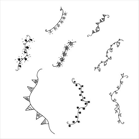 Christmas lights doodle. A set of decorations, garlands. string lights. Black scribbles on a white backgroundのイラスト素材