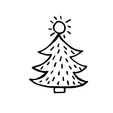 Christmas tree doodle. A simple Christmas tree with lights. Black scribbles on a white backgroundのイラスト素材