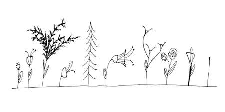Flowers and grass doodle. Different plants. A set of childrens scribbles flowers and grass. Black scribbles on a white backgroundのイラスト素材