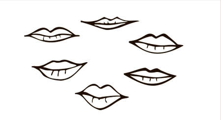 Vector set of lips isolated on white. Part of the human body. Lips shape. Black scribbles on a white background, different lips in the form of a sketchのイラスト素材