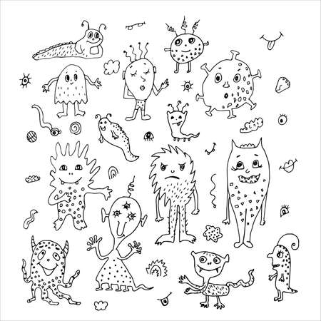 Doodle monsters drawn fictional funny creatures. Black scribbles on a white backgroundのイラスト素材