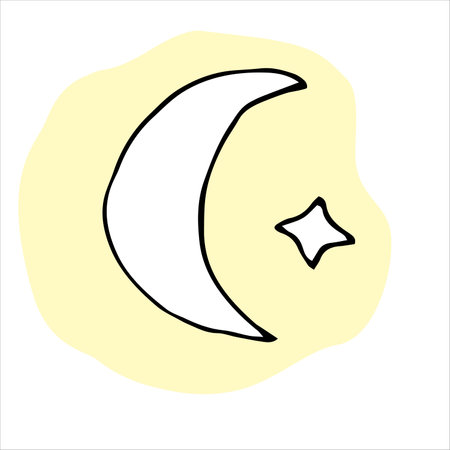 Vector doodle month and star. Moon drawing. Yellow spot, color sketch of the moon and stars.のイラスト素材