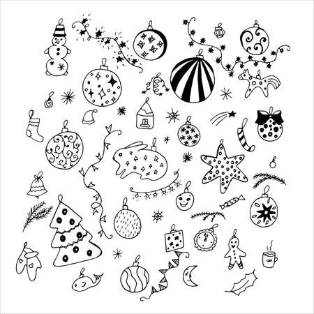 Vector set of Christmas doodle pictures. Christmas decorations, toys, snowflakes and garlands. Black scribbles on a white backgroundのイラスト素材