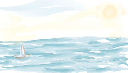 Children's sea poster with seascape, sailboat. Summer in cartoon style. Cute concept for kids print. Illustration for the design postcard, textiles, apparel. vectorのイラスト素材