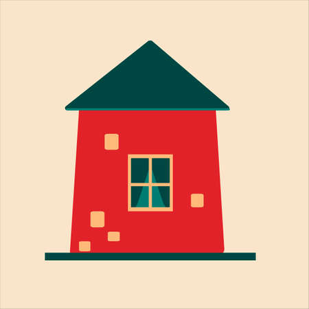 Cute red country house with green roof, cottage building modern cartoon vector illustration, isolated on beige. Cozy outdoor place to live.のイラスト素材