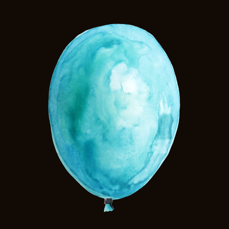 Isolated watercolor balloon on black background. Beautiful and colorful blue balloon for decoration for the holidays.の写真素材