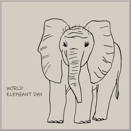 One-line drawing of elephant on beige background. One-line art design. Vector illustration for the World Elephant Day, postcard, banner, web, advertising, articles.のイラスト素材