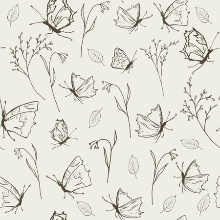 Pattern of hand drawn butterflies. Retro vintage style. Seamless pattern. Vector illustration.のイラスト素材