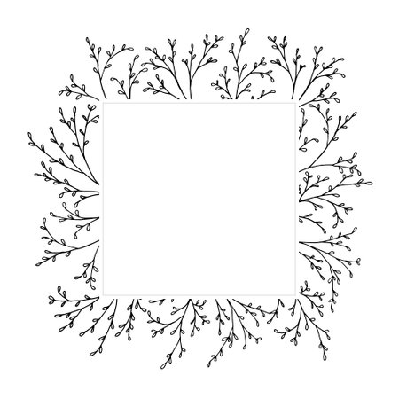 Vector square frame with twigs and leaves, black and white illustration by hand.のイラスト素材