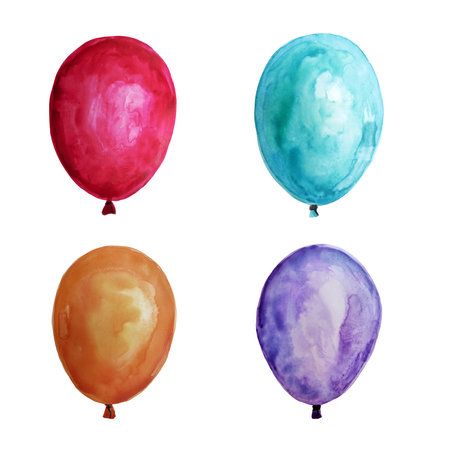 Watercolor colorful holiday sketch realistic balloons set closeup isolated on white background. Hand paintingのイラスト素材