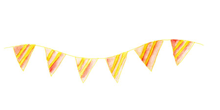 Flags festive watercolor. Hand drawn watercolor illustration of cute baby garland of flags in cartoon style.の写真素材